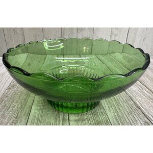 Vintage E.O Brody Bowl Glass Green Scalloped Rim Ribbed Pedestal Base 7" DIA